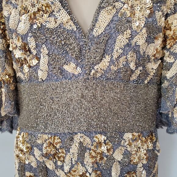 Mac Duggal Evening Gown 4574D Sequin Bead Embellished Cape Gown Platinum Size 8 - Picture 7 of 10